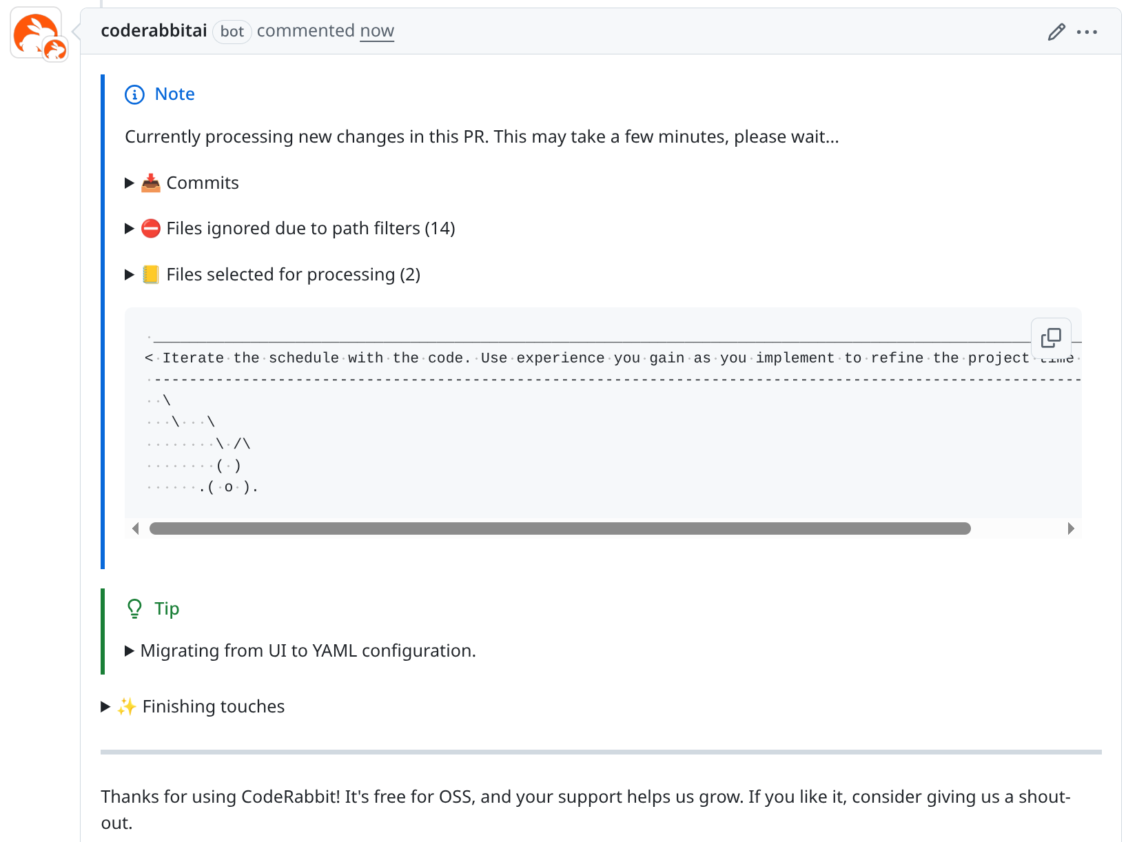 A CodeRabbit comment on a PR