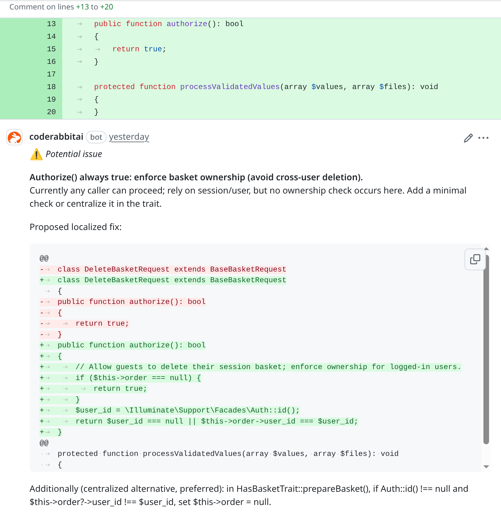 A CodeRabbit finding about cross user data access