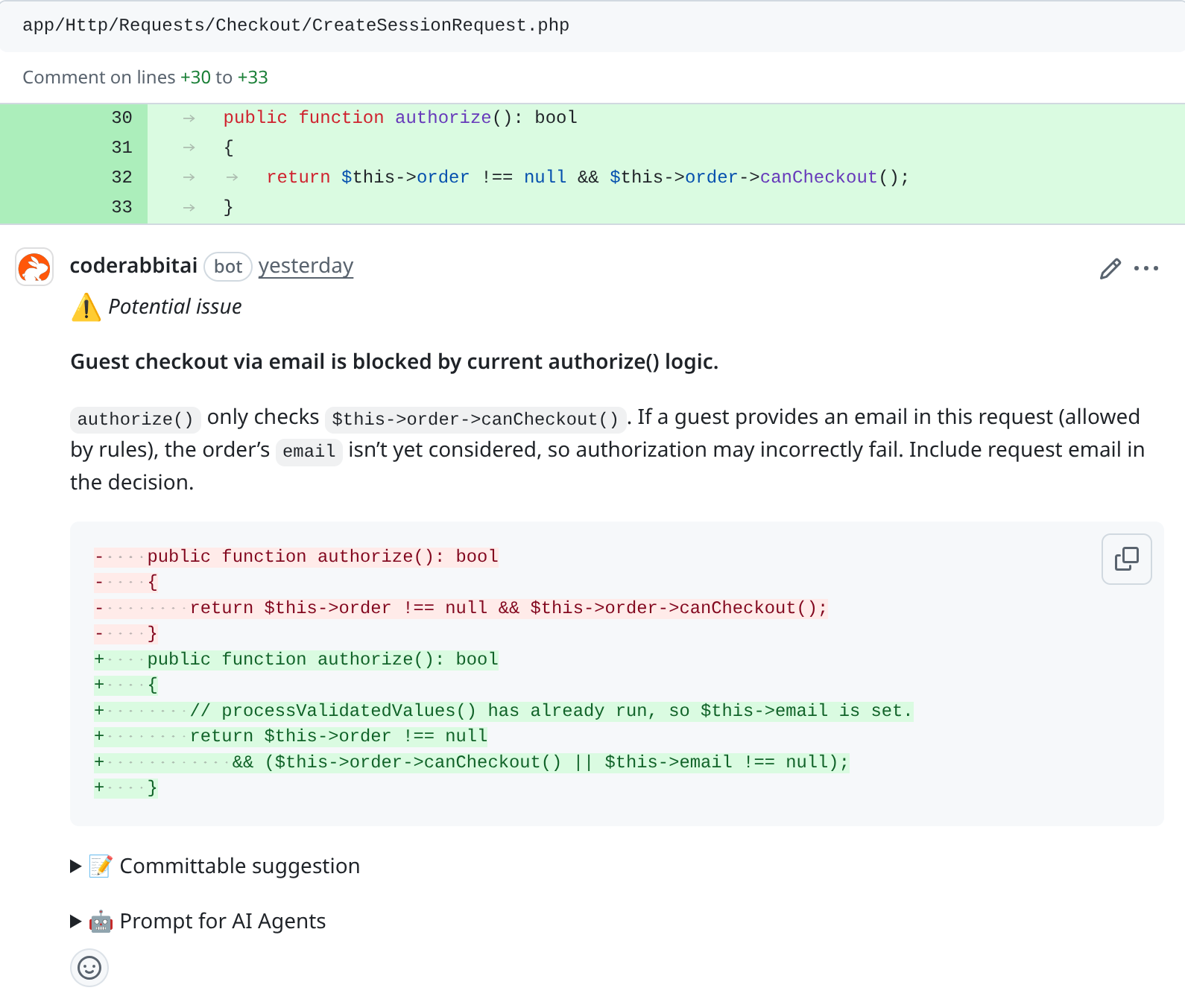 A CodeRabbit finding about faulty logic