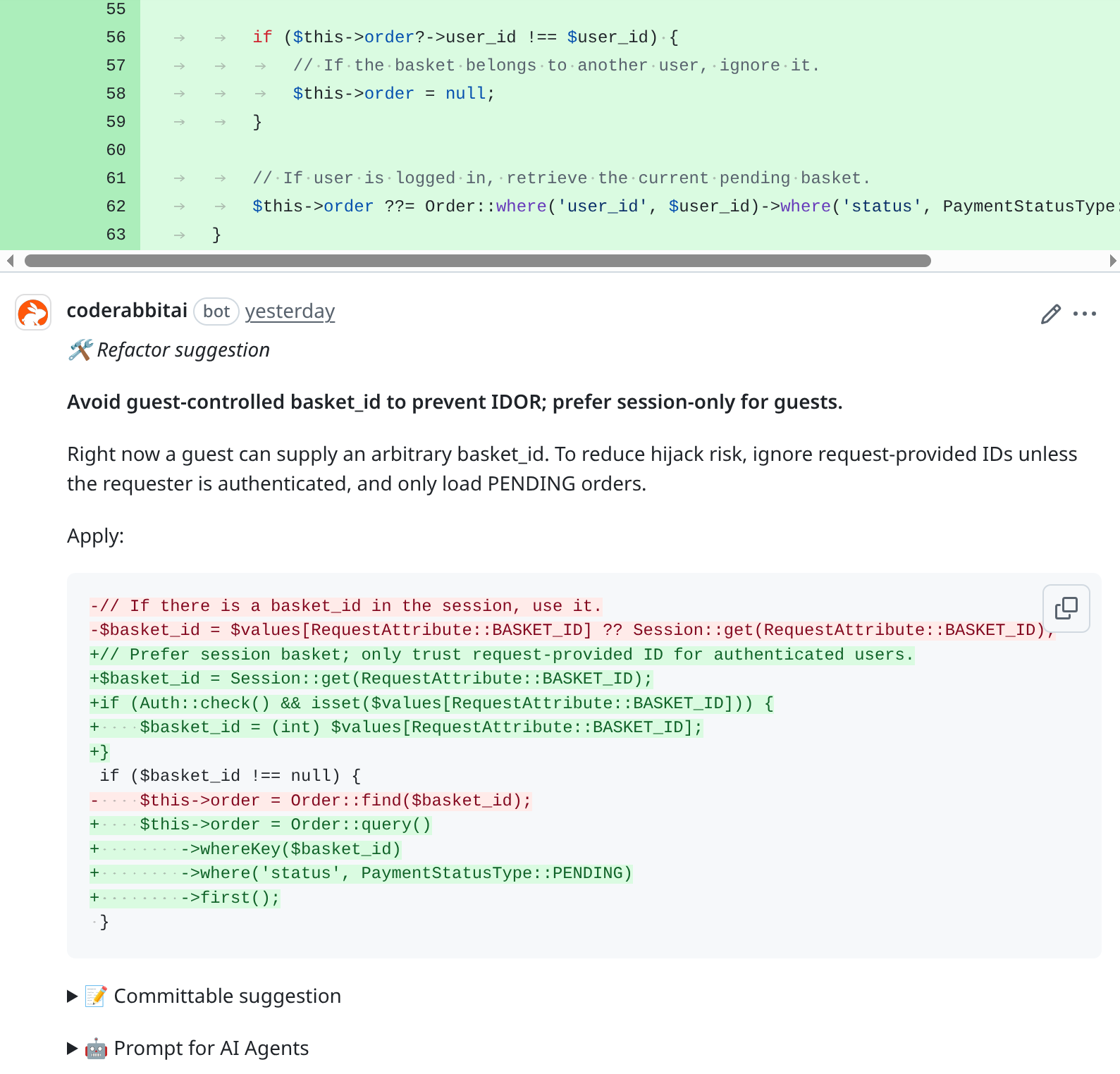 A CodeRabbit finding about IDOR vulnerability