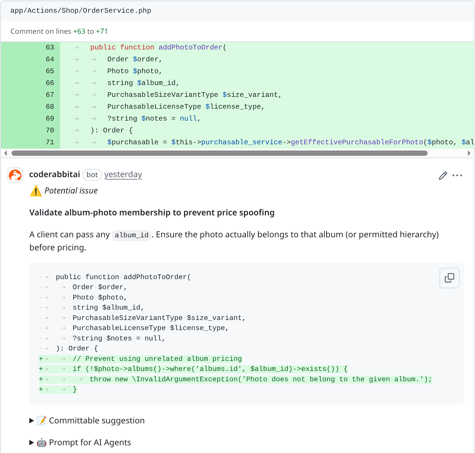 A CodeRabbit finding about SQL injection vulnerability