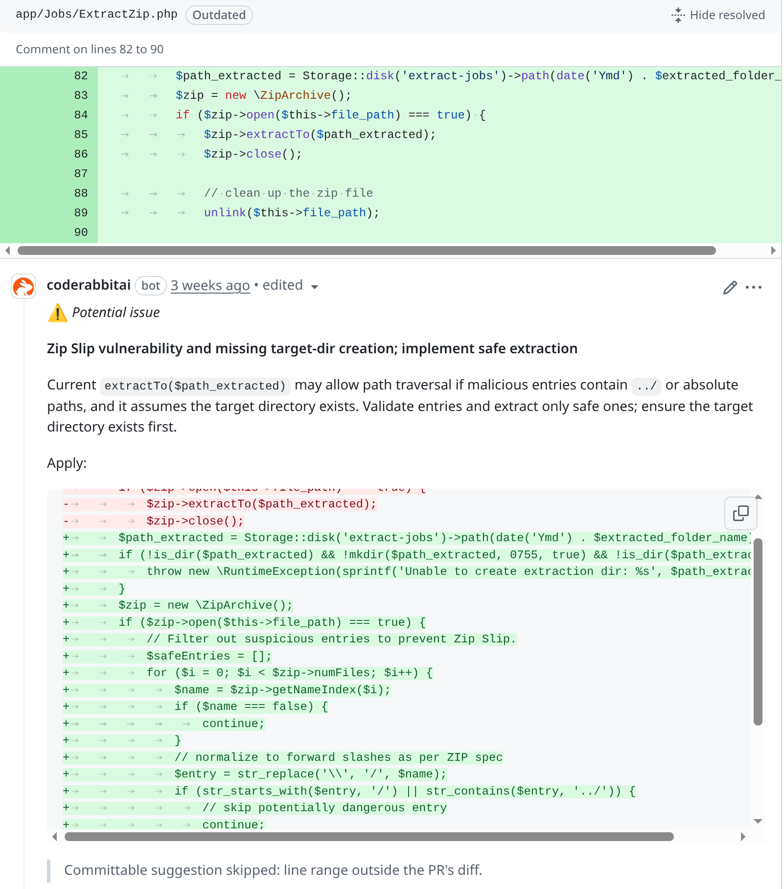 A CodeRabbit finding about zip slip vulnerability
